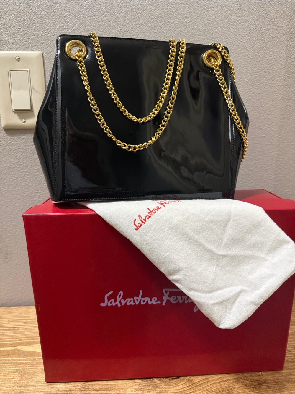Salvatore Ferragamo Black Patent Leather Gold Chain Shoulder Bag - EUC